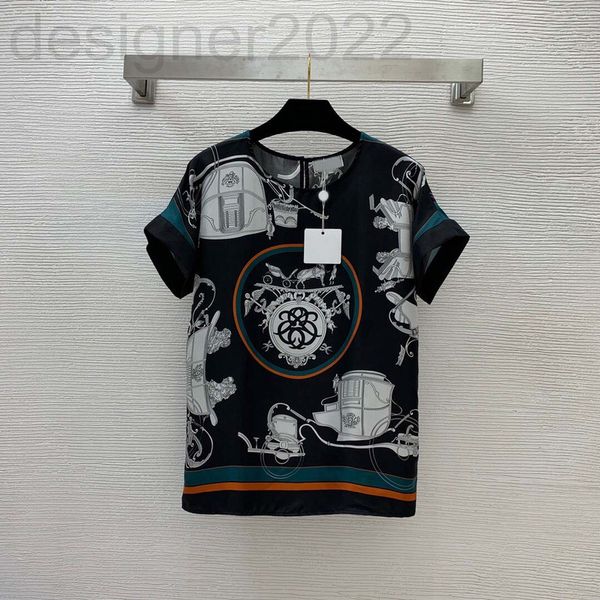 

women's hoodies & sweatshirts designer european women's twill silk fabric circle carriage pattern print loose short sleeve t-shirt, Black