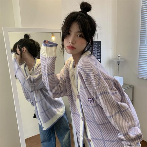 

women's fur faux fur korean style lazy loose sweater coat oversized cardigan women's autumn and winter fashion harajuku plaid knit, Black