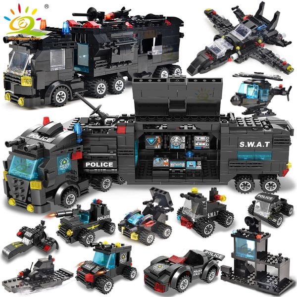 

blocks huiqibao swat station truck model building city machine helicopter car figures bricks educational toy for children 220826