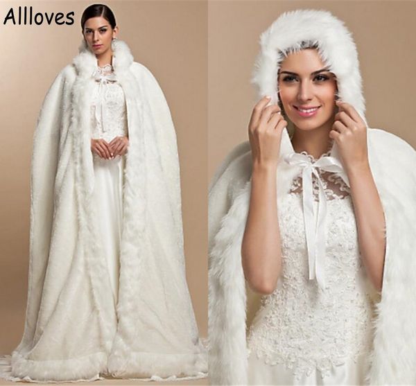 

white faux fur bridal wraps jackets coat with hat wome hoodie cloak cape for winter wedding brides accessoreis cl0989