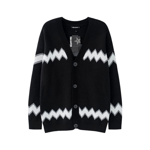 

men's jackets harajuku spliced autumn cardigan sweater male vneck color matching wave pattern knit sweater pull homme korean sweaters 2, Black;brown