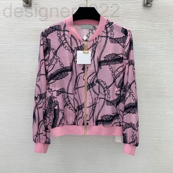 

women's jackets designer autumn 100% silk shirt fashion full body chain printing stand collar jacket baseball jacket thin coat 9nmo, Black;brown