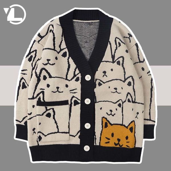 

men's jackets harajuku cartoon cat cardigan sweater men streetwear pattern college knitwear casual knitted japanese knit jacket women 2, Black;brown