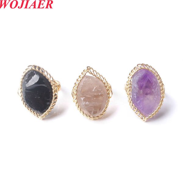 

wojiaer fluorite irregular natural stone ring white crystal gold color wire wrap for women braided trendy gem creative finger jewelry bo989, Golden;silver