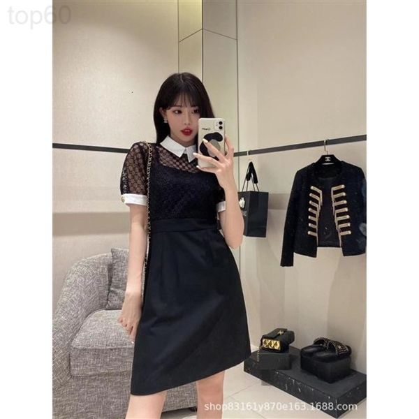 

casual dresses designer chao brand 22ss summer new hollow water-soluble lace splicing lapel short sleeve dress h6ym, Black;gray