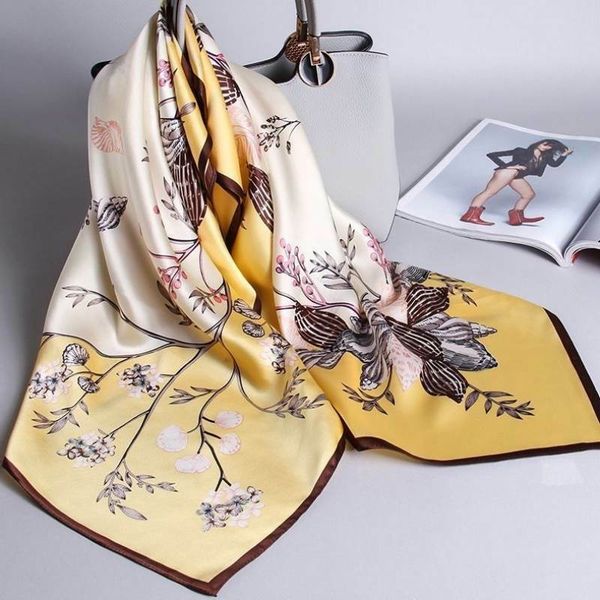 

100% silk scarf women square shawl hair wrap sunscreen cape yellow 90cm, Blue;gray