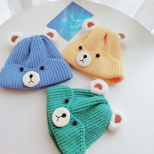 

m489 autumn winter baby kids knitted hats cartoon bear soft caps children knitting warm beanie hat, Yellow
