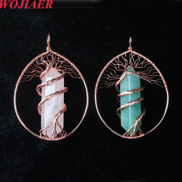 

wojiaer tree of life natural pendant stone copper color wire wrapped crystal bo968, Silver