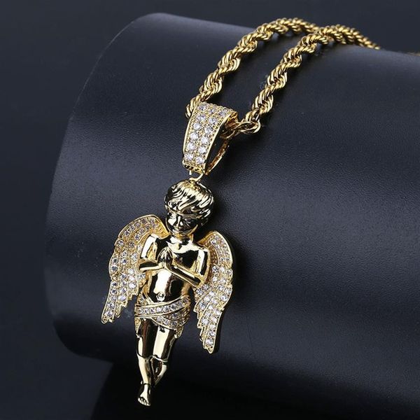 

pendant necklaces jewelry exquisite bling zircon paved punk men women necklace 18k gold plated pray angel hip hop necklaces wholes253i, Silver