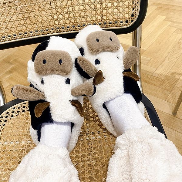 

slippers cute animal slipper for women girls fashion kawaii fluffy winter warm woman cartoon milk cow house funny shoes 220826, Black