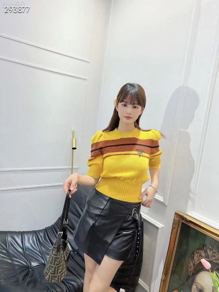 

women's sweaters designer 2022 autumn new letter embroidery yellow stripe bubble sleeve sweater with narrow waist short rs1b, White;black