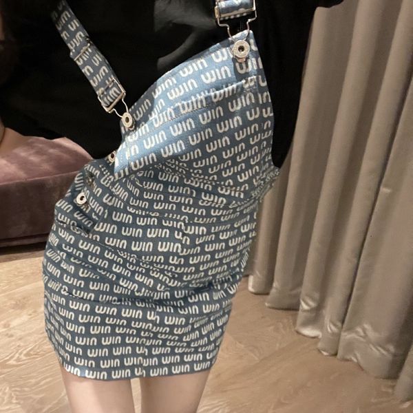 

casual dresses designer middle ancient style sweet and playful letters full printing blue white color matching aging old washed jeans strap, Black;gray