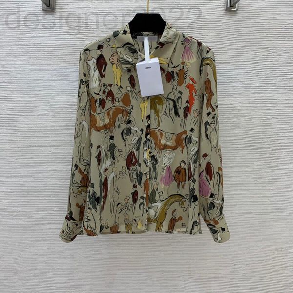 

casual dresses designer early spring silk blend fabric feel breathable and comfortable hand-painted graffiti figure horse print shirt r898, Black;gray