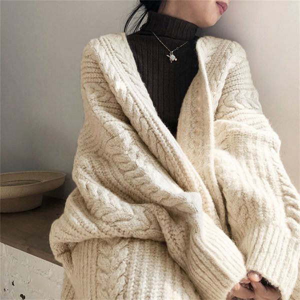

women's fur faux fur autumn winter ly chic women's knitted cardigan vintage thick long sweaters female loose twist coat plain stre, Black