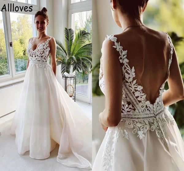 

bohemian floral lace a line wedding dresses deep v neck backless boho garden bridal gowns tulle sweep train plus size rustic country robes d, White