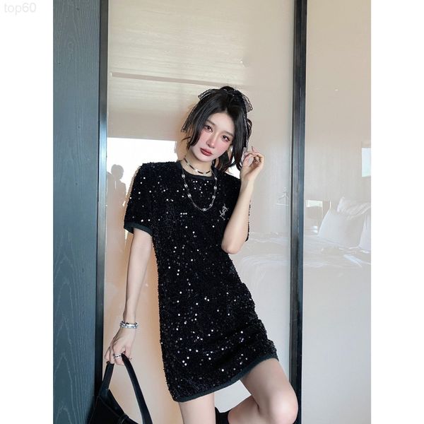 

casual dresses designer 22ss early autumn new sequin short sleeve dress classic slim fit version simple three-dimensional fashion style ci87, Black;gray