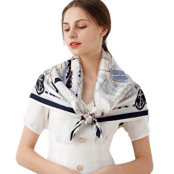 

100% silk scarf square shawl wrap party cape accessories nautical blueprint 90cm, Blue;gray