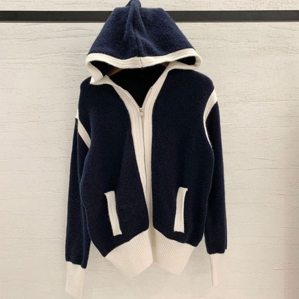 

women's fur faux fur sweaters women autumn long sleeve contrast hooded zipper cardigans casual retro knitted pull femme gilet sueters, Black