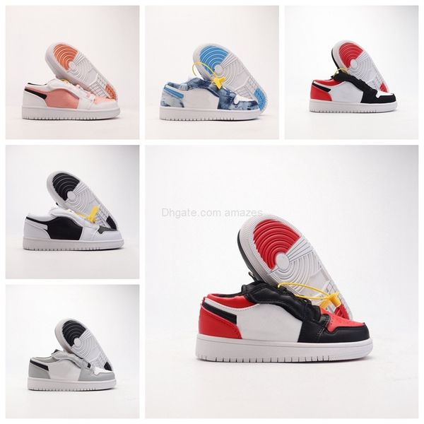 

2022 kids 1 low alt bred toe light smoke basketball shoes royal yellow washed denim girls boys children sneakers white light madder root us, Black
