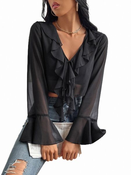 

women's blouses & shirts ruffle trim flounce sleeve crop blouse r7n1#, White