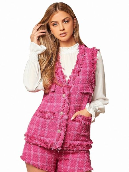 

women's down & parkas fringe trim dual pocket tweed vest overcoat d7k1#, Black