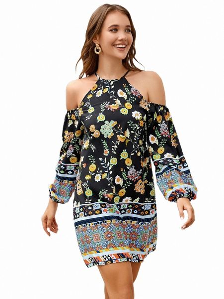 

casual dresses floral & tribal print cold shoulder dress 24tl#, Black;gray