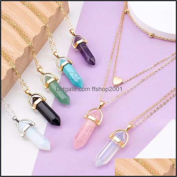 

pendant necklaces fashion opal stone hexagonal column rose quartz for women natural crystal necklace bohemian statement jewelry gift dhwrq, Silver