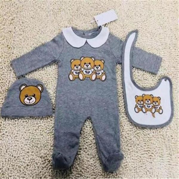 

designer cute newborn baby clothes set infant baby boys printing bear romper baby girl jumpsuit bibs cap outfits set 0-18 month218s, White