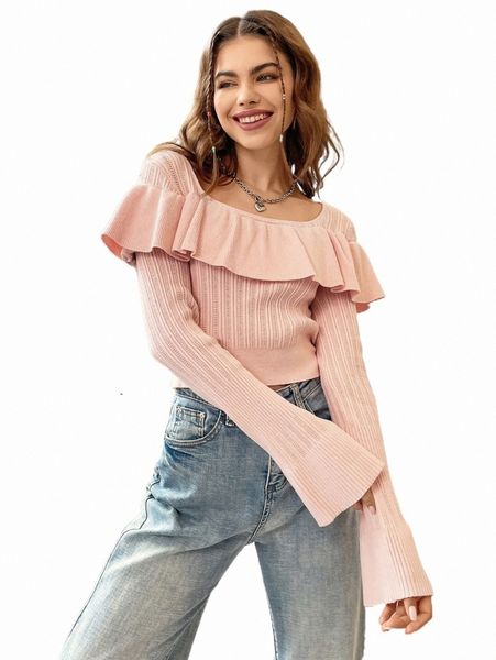 

women's sweaters mod flounce sleeve ruffle trim sweater c3dx#, White;black