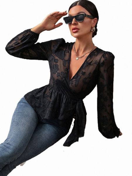 

women's blouses & shirts wrap tie side appliques sheer blouse j9n9#, White