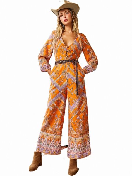 

luukse paisley print lantern sleeve jumpsuit without belt c16d#, Black;white