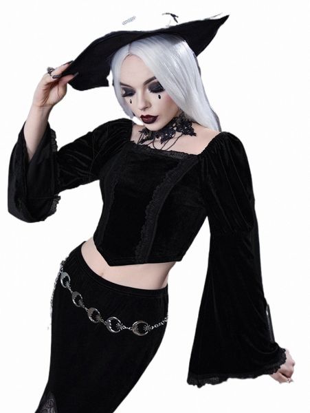 

halloween witch contrast lace square neck velvet tee e1ry#, White