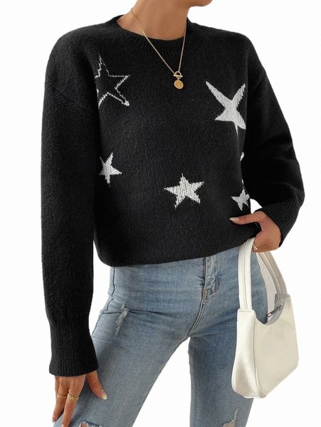 

women's sweaters star pattern drop shoulder sweater x1fb#, White;black