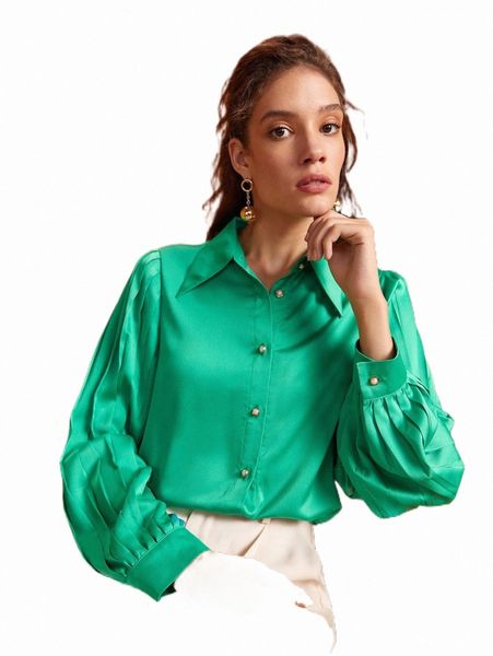 

women's blouses & shirts solid pleated bishop sleeve shirt u5dm#, White