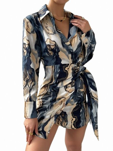 

casual dresses allover print knot side wrap shirt dress g9u1#, Black;gray