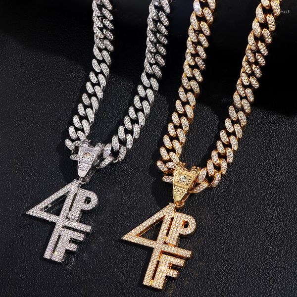 

pendant necklaces hip hop 4pf letter crystal necklace with 13mm iced out rhinestone cuban link chain for women men punk jewelry, Silver