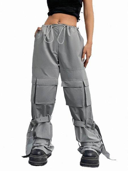 

women's pants & capris drawstring waist flap pocket cargo pants 448d#, Black;white