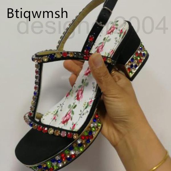 

sandals designer single platform sandals woman open toe mixed color rhinestone t-strap jewelry high heel lady party shoes vcvb, Black