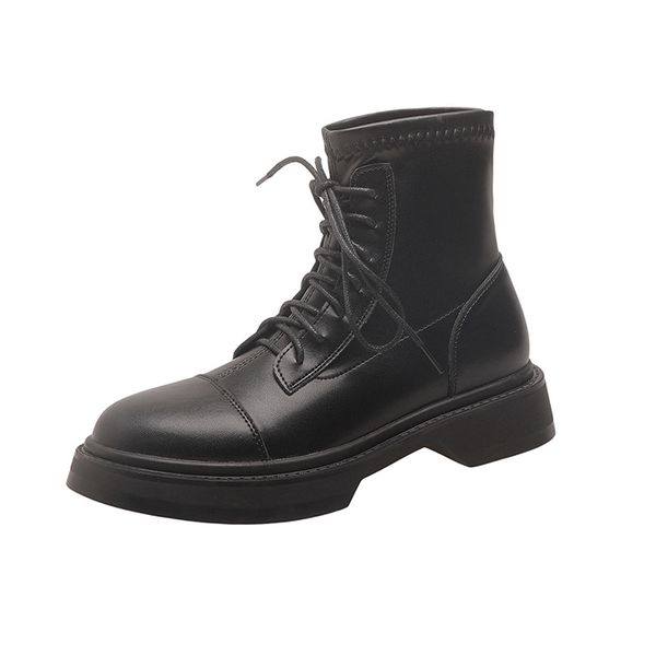

leather -hole lace-up ankle designer boots 2022 women winter martin slip-on short elastic booties shoes, Black