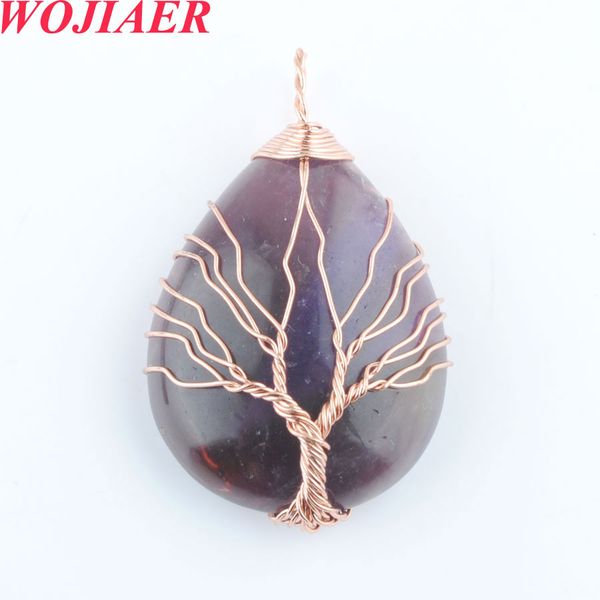 

New Women Natural Stone Waterdrop Pendant for Necklace Fashion Wrap Wire Tree of Life Purple Crystal Opal Charm Female Jewelry BO901