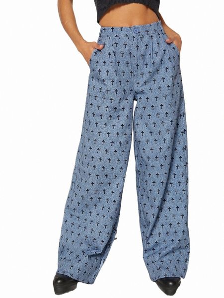 

women's pants & capris allover print wide leg pants i91j#, Black;white