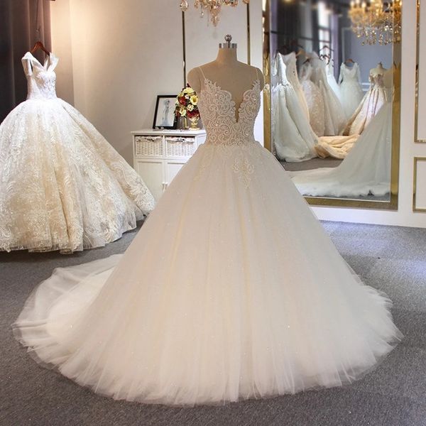 

vestido a line wedding dresses spaghetti straps sleeveless lace applique bridal gowns custom made sweep train wedding dress robes, White