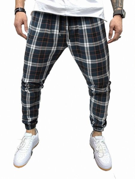 

men's pants men plaid print drawstring waist pants i0ce#, Black