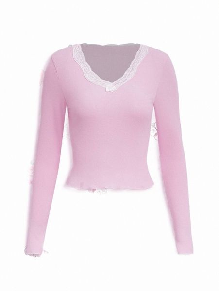 

women's t-shirt romwe kawaii contrast lace ribbed tee w7qt#, White