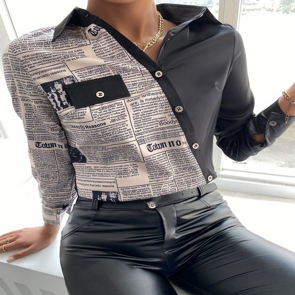 

women's blouses shirts women spring casual letter print long sleeve buttoned up shirt autumn elegant workwear turndown collar blouse as, White