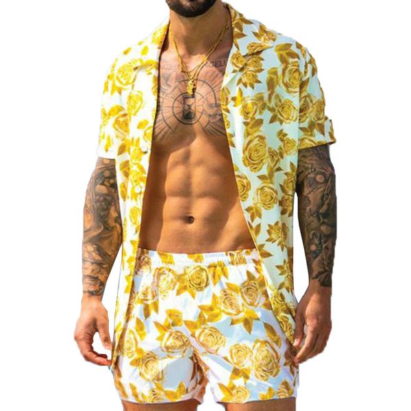 

summer mens tracksuit two pieces hawaii short sleeve printed shirt shorts sets clothes man set plus size tracksuites 2 piece sets, Gray