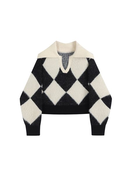 

women's sweaters autumn winter women crop sweater long sleeve sweater lapel jumper pullover argyle knitwear plaid vintage clothes 2208, White;black