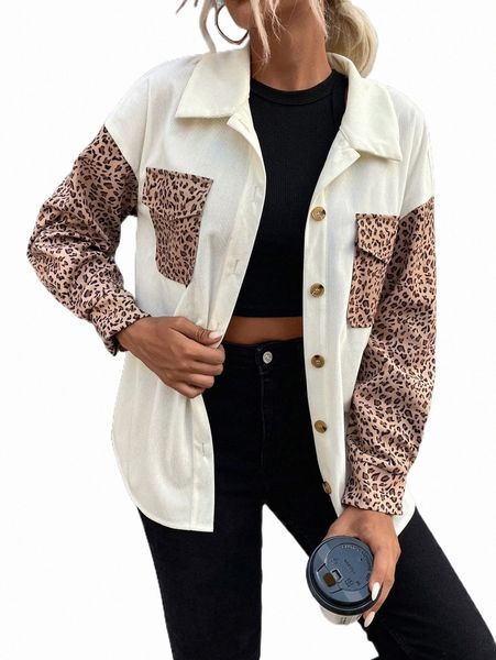

leopard patched pocket drop shoulder corduroy jacket c13a#, Black;brown