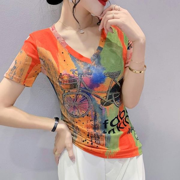 

7505 tie dyed printed t shirt short sleeves summer stretch cotton, White