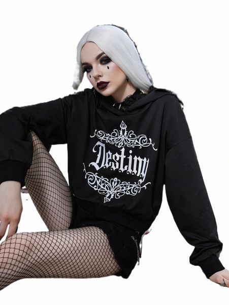 

halloween witch letter graphic drop shoulder drawstring hoodie s9ug#, Black